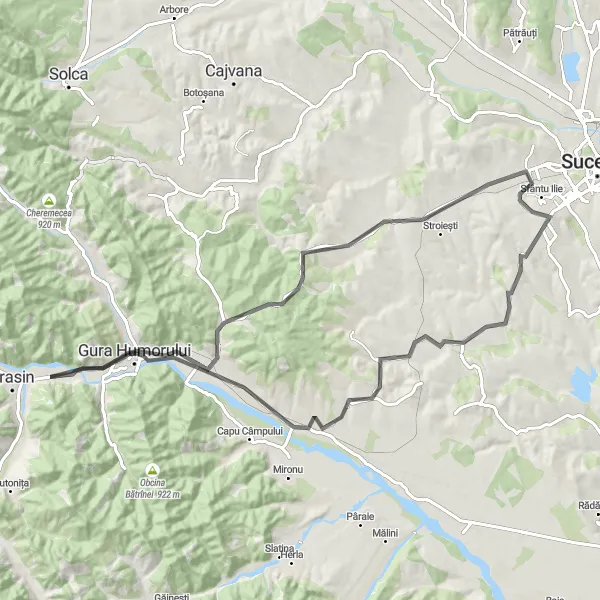 Map miniature of "Scenic Road Tour to Gura Humorului" cycling inspiration in Nord-Est, Romania. Generated by Tarmacs.app cycling route planner