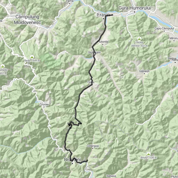 Map miniature of "Doroteia and Brosteni Road Loop" cycling inspiration in Nord-Est, Romania. Generated by Tarmacs.app cycling route planner