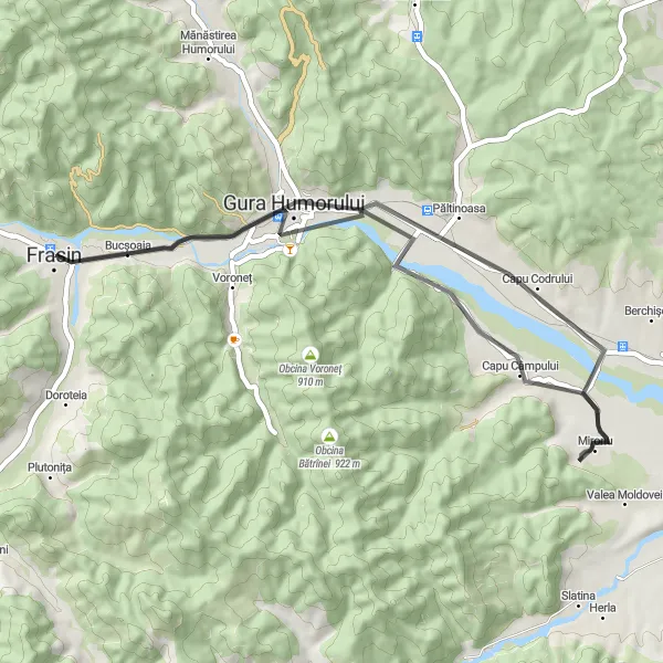 Map miniature of "The Road to Serenity" cycling inspiration in Nord-Est, Romania. Generated by Tarmacs.app cycling route planner