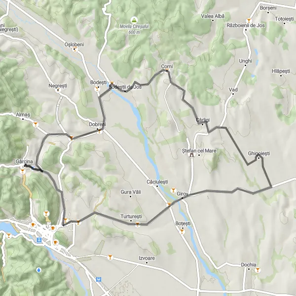 Map miniature of "Rural Charm" cycling inspiration in Nord-Est, Romania. Generated by Tarmacs.app cycling route planner