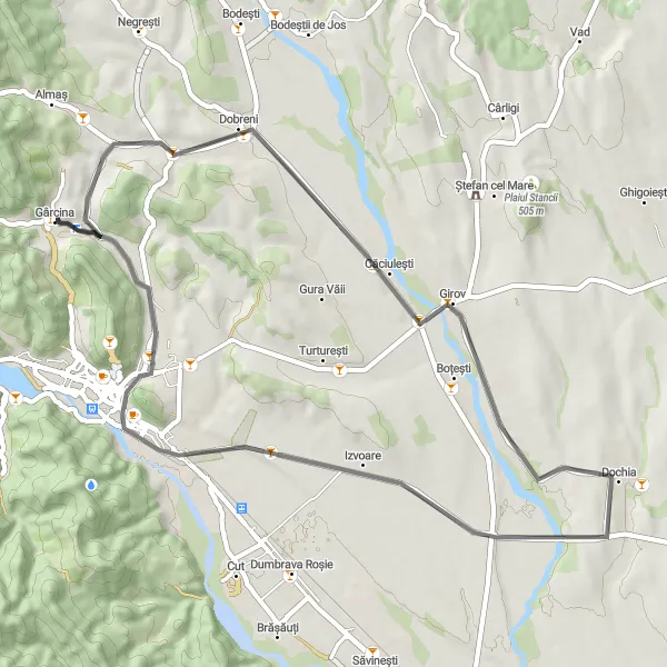 Map miniature of "Exploring the Heartland" cycling inspiration in Nord-Est, Romania. Generated by Tarmacs.app cycling route planner