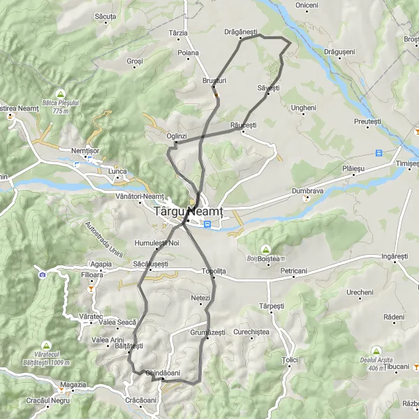 Map miniature of "The Serene Ride to Grumăzești" cycling inspiration in Nord-Est, Romania. Generated by Tarmacs.app cycling route planner