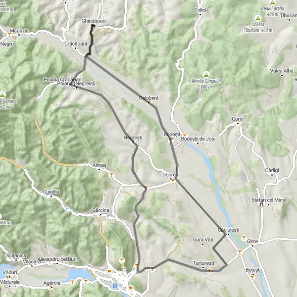 Map miniature of "Ghindăoani Loop" cycling inspiration in Nord-Est, Romania. Generated by Tarmacs.app cycling route planner