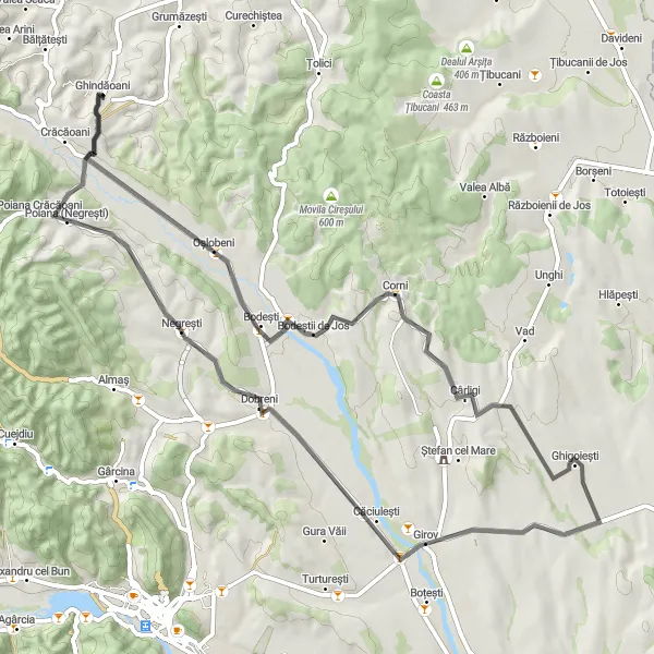 Map miniature of "Ghindăoani Loop" cycling inspiration in Nord-Est, Romania. Generated by Tarmacs.app cycling route planner