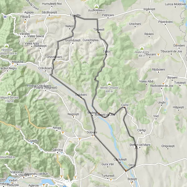 Map miniature of "Girov to Hanul de la Șerbești" cycling inspiration in Nord-Est, Romania. Generated by Tarmacs.app cycling route planner