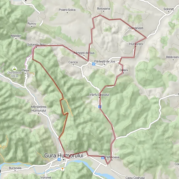 Map miniature of "Gura Humorului - Cacica - Păltinoasa" cycling inspiration in Nord-Est, Romania. Generated by Tarmacs.app cycling route planner