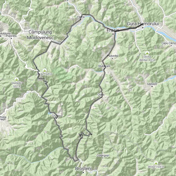 Map miniature of "Gura Humorului - Stulpicani - Pietrele Doamnei - Prisaca Dornei - Molid" cycling inspiration in Nord-Est, Romania. Generated by Tarmacs.app cycling route planner