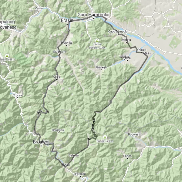 Map miniature of "Mountains of Bucovina" cycling inspiration in Nord-Est, Romania. Generated by Tarmacs.app cycling route planner