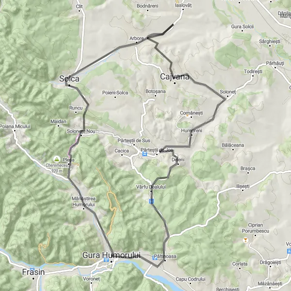 Map miniature of "Humor Monastery Loop" cycling inspiration in Nord-Est, Romania. Generated by Tarmacs.app cycling route planner