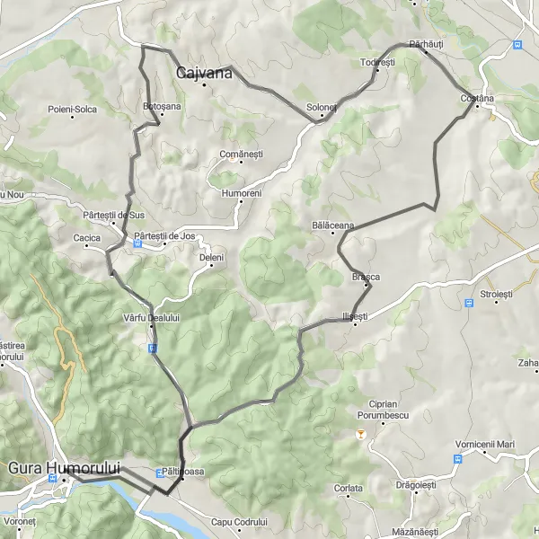 Map miniature of "Gura Humorului to Cajvana Loop" cycling inspiration in Nord-Est, Romania. Generated by Tarmacs.app cycling route planner