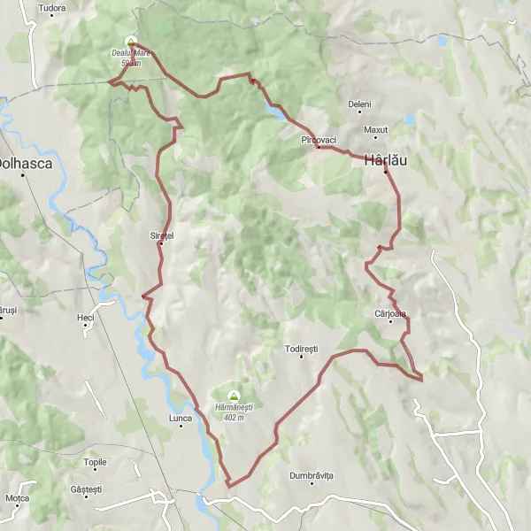 Map miniature of "Scenic Gravel Ride near Hârlău" cycling inspiration in Nord-Est, Romania. Generated by Tarmacs.app cycling route planner
