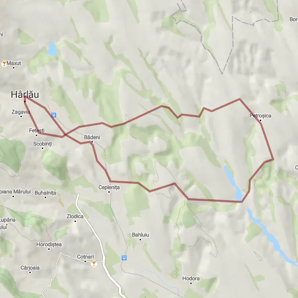 Map miniature of "Exploring Harlau on gravel" cycling inspiration in Nord-Est, Romania. Generated by Tarmacs.app cycling route planner