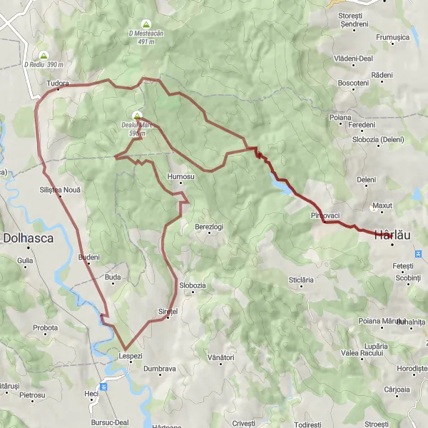 Map miniature of "Hârlău and beyond on gravel" cycling inspiration in Nord-Est, Romania. Generated by Tarmacs.app cycling route planner