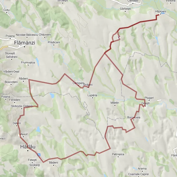 Map miniature of "Sinagoga Mare din Hârlău and beyond on gravel" cycling inspiration in Nord-Est, Romania. Generated by Tarmacs.app cycling route planner