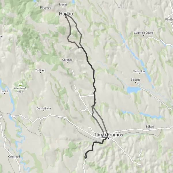 Map miniature of "Harlau and the surrounding countryside on road" cycling inspiration in Nord-Est, Romania. Generated by Tarmacs.app cycling route planner