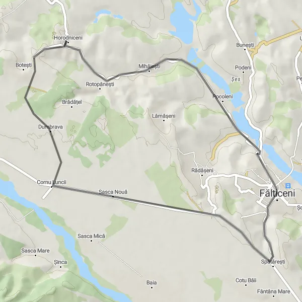 Map miniature of "Fălticeni to Horodniceni Road Loop" cycling inspiration in Nord-Est, Romania. Generated by Tarmacs.app cycling route planner