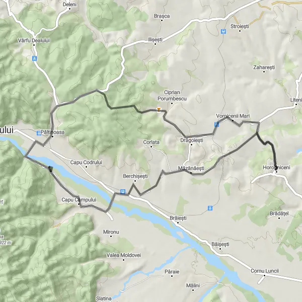 Map miniature of "Lucăcești to Horodniceni Road Loop" cycling inspiration in Nord-Est, Romania. Generated by Tarmacs.app cycling route planner