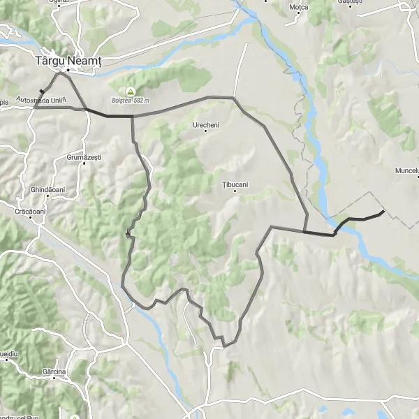 Map miniature of "Humulești - Tupilați - Bodeștii de Jos - Dealul Roților" cycling inspiration in Nord-Est, Romania. Generated by Tarmacs.app cycling route planner