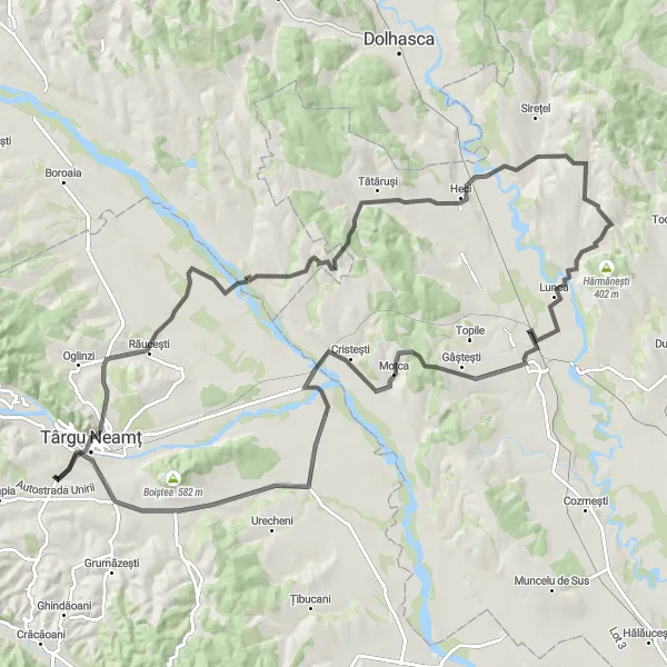 Map miniature of "Humulești - Targu Neamt - Drăgușeni - Moțca" cycling inspiration in Nord-Est, Romania. Generated by Tarmacs.app cycling route planner