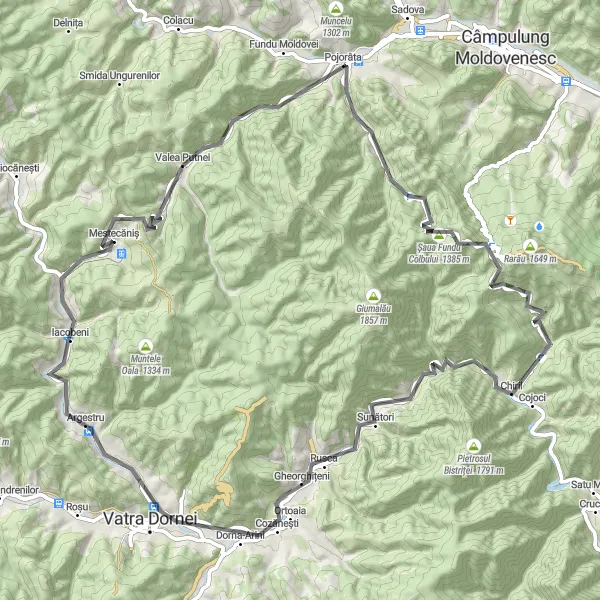 Map miniature of "Mestecăniș and Vatra Dornei Challenge" cycling inspiration in Nord-Est, Romania. Generated by Tarmacs.app cycling route planner