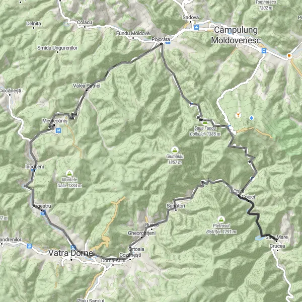 Map miniature of "The Mestecăniș Challenge" cycling inspiration in Nord-Est, Romania. Generated by Tarmacs.app cycling route planner