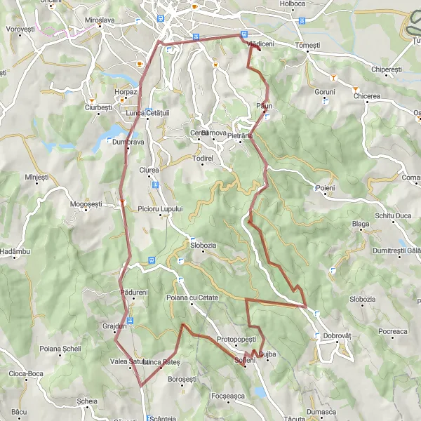 Map miniature of "Off the Beaten Path: Gravel Adventure" cycling inspiration in Nord-Est, Romania. Generated by Tarmacs.app cycling route planner