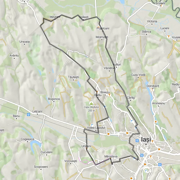 Map miniature of "The Countryside Circuit" cycling inspiration in Nord-Est, Romania. Generated by Tarmacs.app cycling route planner