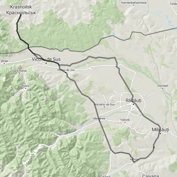 Map miniature of "Explore the Countryside of Krasnoilsk" cycling inspiration in Nord-Est, Romania. Generated by Tarmacs.app cycling route planner