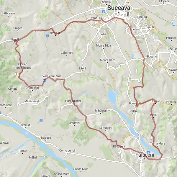 Map miniature of "The Gravel Discovery" cycling inspiration in Nord-Est, Romania. Generated by Tarmacs.app cycling route planner