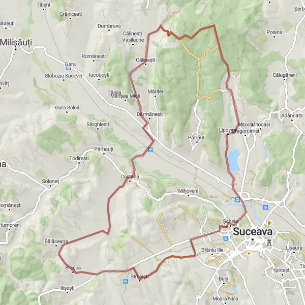 Map miniature of "The Rural Retreat" cycling inspiration in Nord-Est, Romania. Generated by Tarmacs.app cycling route planner