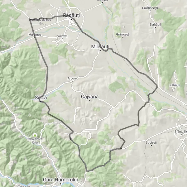 Map miniature of "Solca and Costâna Adventure" cycling inspiration in Nord-Est, Romania. Generated by Tarmacs.app cycling route planner