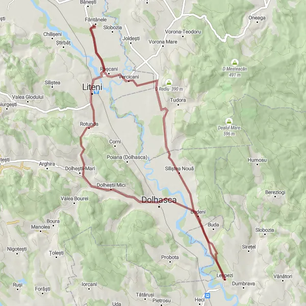 Map miniature of "Gravel Adventure to Vercicani" cycling inspiration in Nord-Est, Romania. Generated by Tarmacs.app cycling route planner