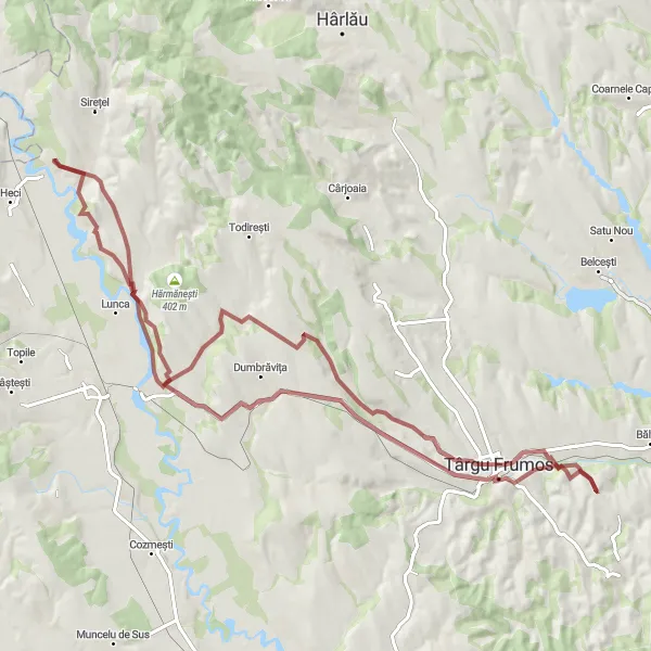 Map miniature of "Lespezi - Ruginoasa - Prigoreni - Vascani" cycling inspiration in Nord-Est, Romania. Generated by Tarmacs.app cycling route planner