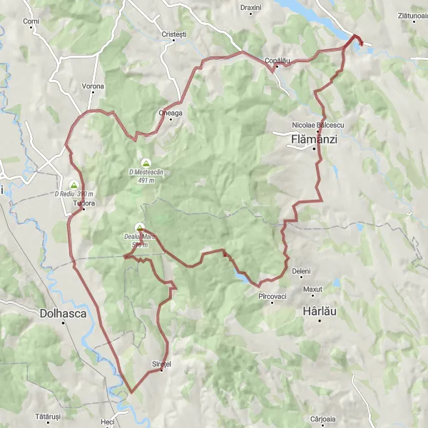 Map miniature of "The Coșula Gravel Adventure" cycling inspiration in Nord-Est, Romania. Generated by Tarmacs.app cycling route planner