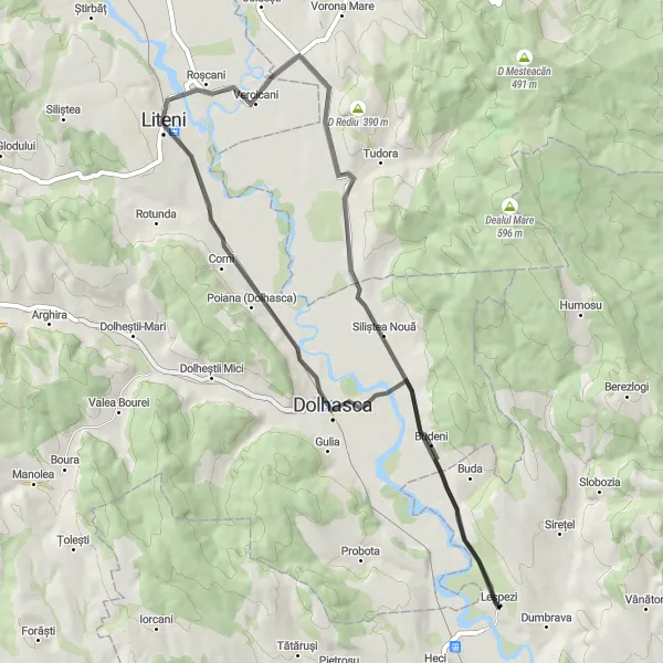 Map miniature of "The Dolhasca Loop" cycling inspiration in Nord-Est, Romania. Generated by Tarmacs.app cycling route planner