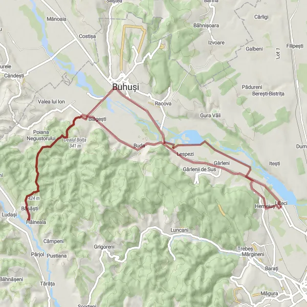 Map miniature of "The Gravel Adventure" cycling inspiration in Nord-Est, Romania. Generated by Tarmacs.app cycling route planner