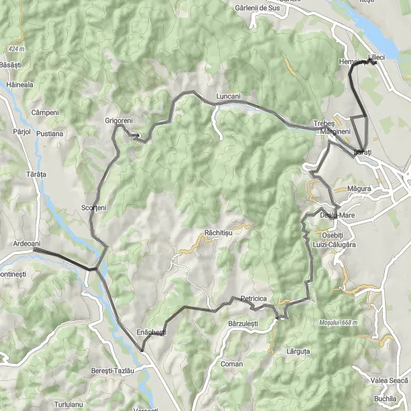 Map miniature of "Dealu Mare Loop" cycling inspiration in Nord-Est, Romania. Generated by Tarmacs.app cycling route planner