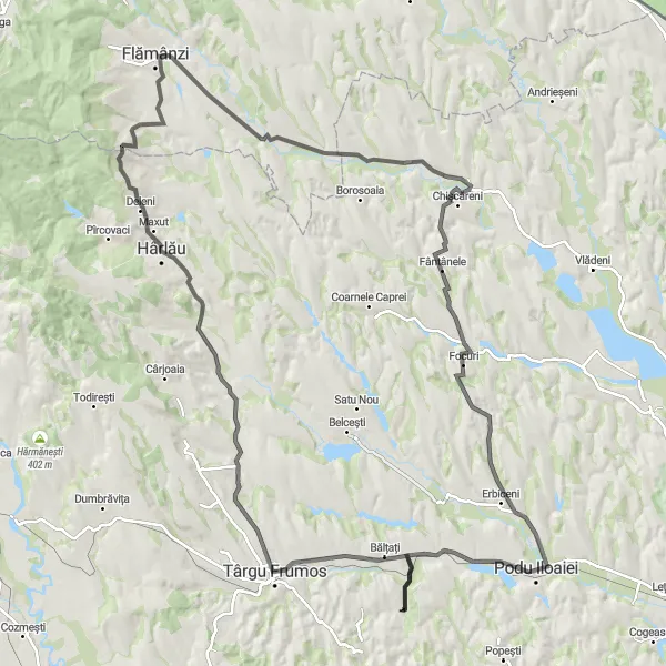 Map miniature of "Harlau Challenge through Fântânele" cycling inspiration in Nord-Est, Romania. Generated by Tarmacs.app cycling route planner