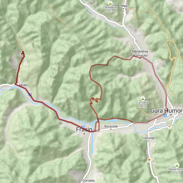 Map miniature of "Gravel Adventure: Unleash the Wilderness" cycling inspiration in Nord-Est, Romania. Generated by Tarmacs.app cycling route planner