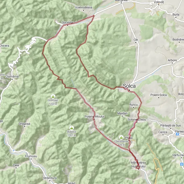 Map miniature of "Mănăstirea Humorului - Sucevița - Pietrele Muierilor - Pleșa Loop" cycling inspiration in Nord-Est, Romania. Generated by Tarmacs.app cycling route planner