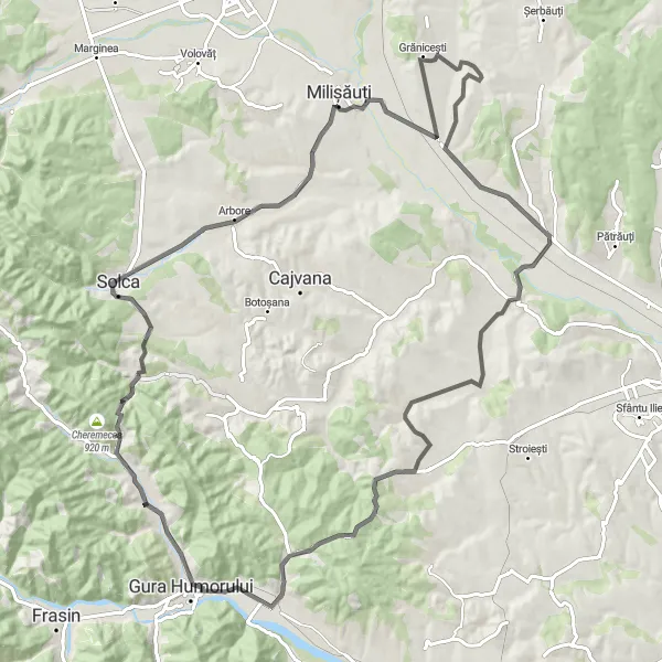 Map miniature of "Mănăstirea Humorului - Pleșa - Iaslovăț - Costâna - Brașca - Păltinoasa Loop" cycling inspiration in Nord-Est, Romania. Generated by Tarmacs.app cycling route planner