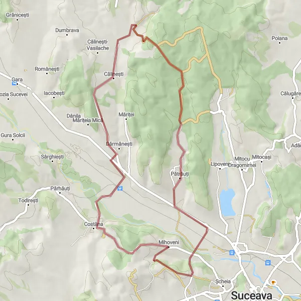 Map miniature of "Scenic Gravel Loop" cycling inspiration in Nord-Est, Romania. Generated by Tarmacs.app cycling route planner