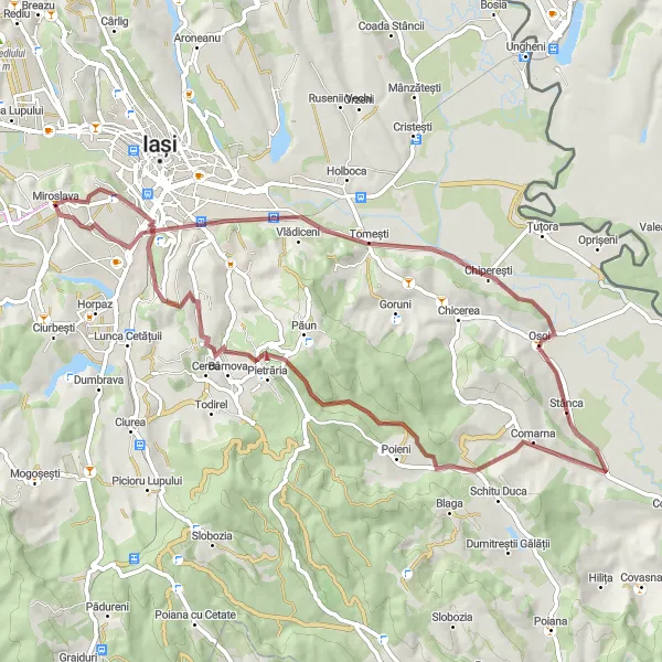 Map miniature of "Miroslava Gravel Exploration" cycling inspiration in Nord-Est, Romania. Generated by Tarmacs.app cycling route planner