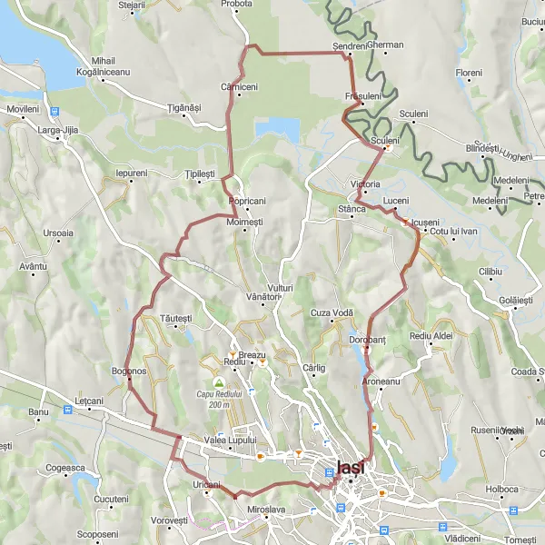 Map miniature of "Gravel to Cârniceni and Iași" cycling inspiration in Nord-Est, Romania. Generated by Tarmacs.app cycling route planner