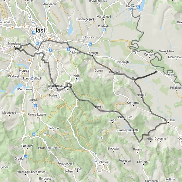 Map miniature of "Road to Miroslava and Schitu Duca" cycling inspiration in Nord-Est, Romania. Generated by Tarmacs.app cycling route planner