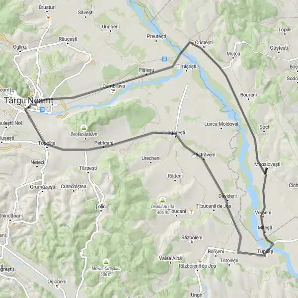 Map miniature of "Villages and Valleys" cycling inspiration in Nord-Est, Romania. Generated by Tarmacs.app cycling route planner