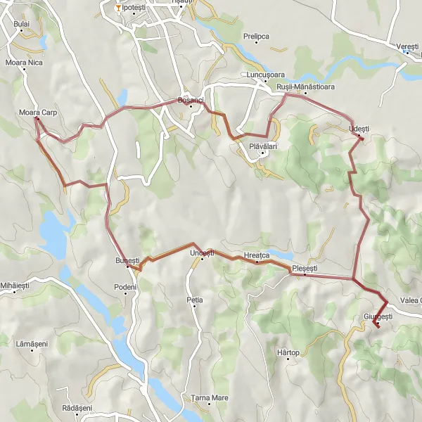 Map miniature of "The Gravel Escape" cycling inspiration in Nord-Est, Romania. Generated by Tarmacs.app cycling route planner
