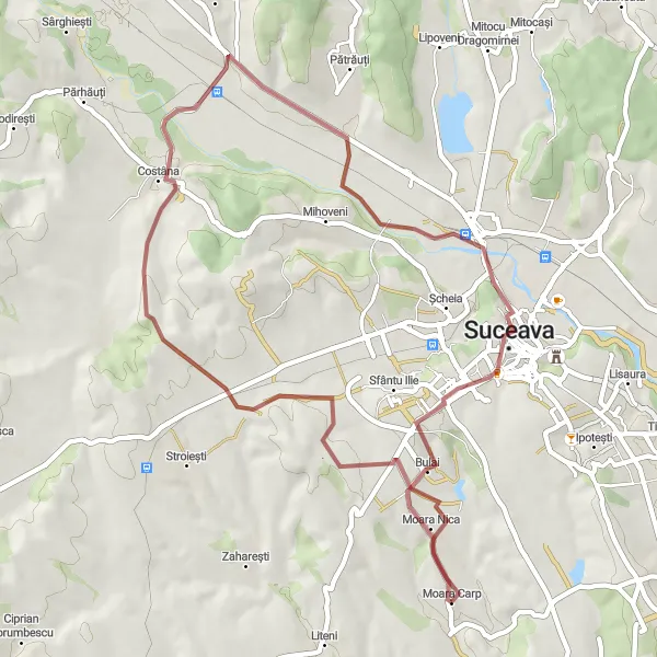 Map miniature of "Moara Carp Gravel Loop with Scenic Views" cycling inspiration in Nord-Est, Romania. Generated by Tarmacs.app cycling route planner