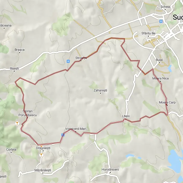 Map miniature of "Gravel Adventure to Ciprian Porumbescu" cycling inspiration in Nord-Est, Romania. Generated by Tarmacs.app cycling route planner