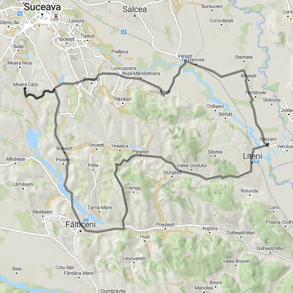 Map miniature of "The Challenging Road" cycling inspiration in Nord-Est, Romania. Generated by Tarmacs.app cycling route planner